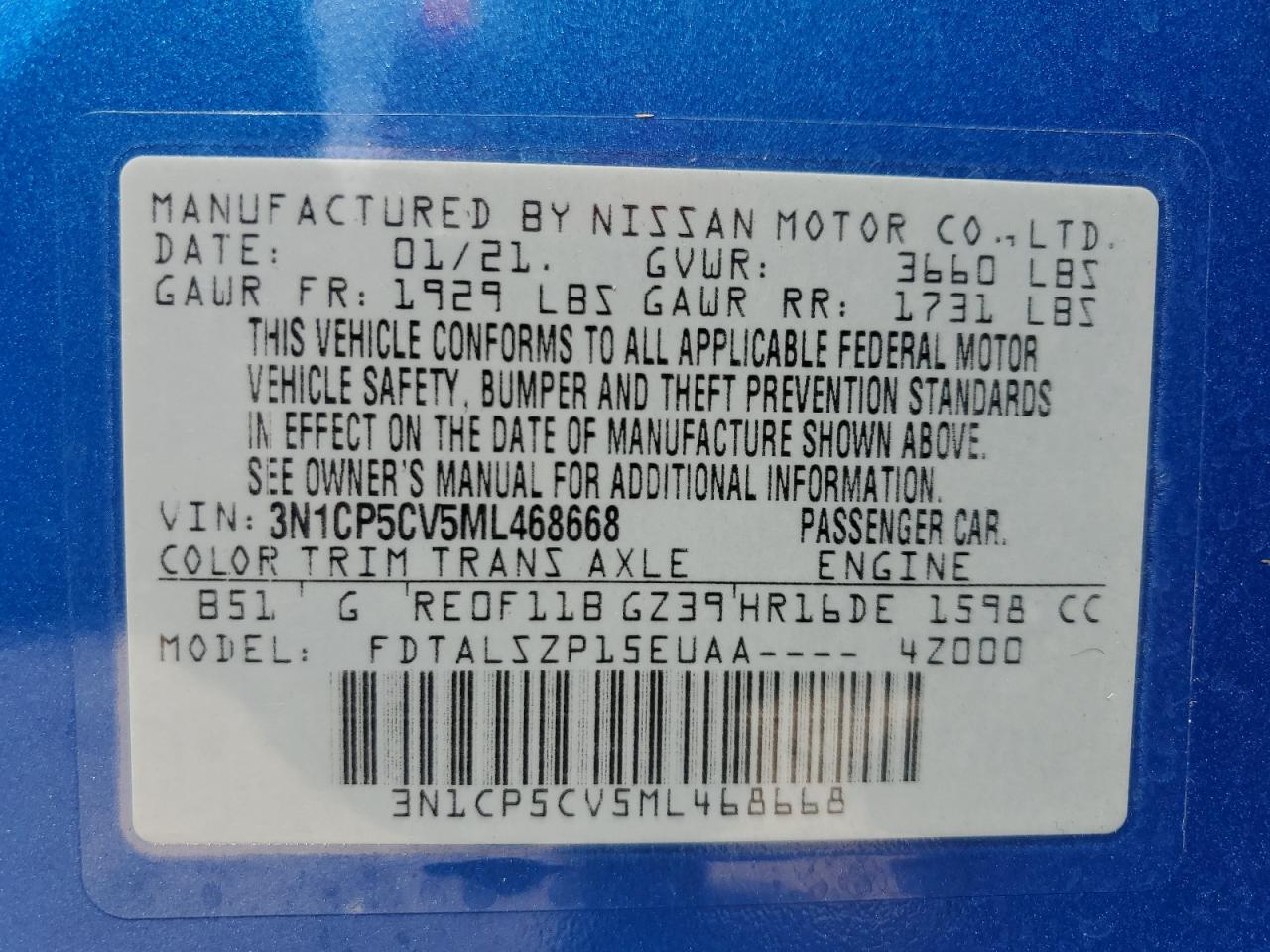 2021 Nissan Kicks Sv VIN: 3N1CP5CV5ML468668 Lot: 67004085