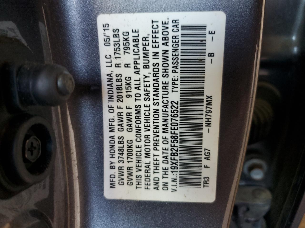 2015 Honda Civic Lx VIN: 19XFB2F58FE076522 Lot: 65854255