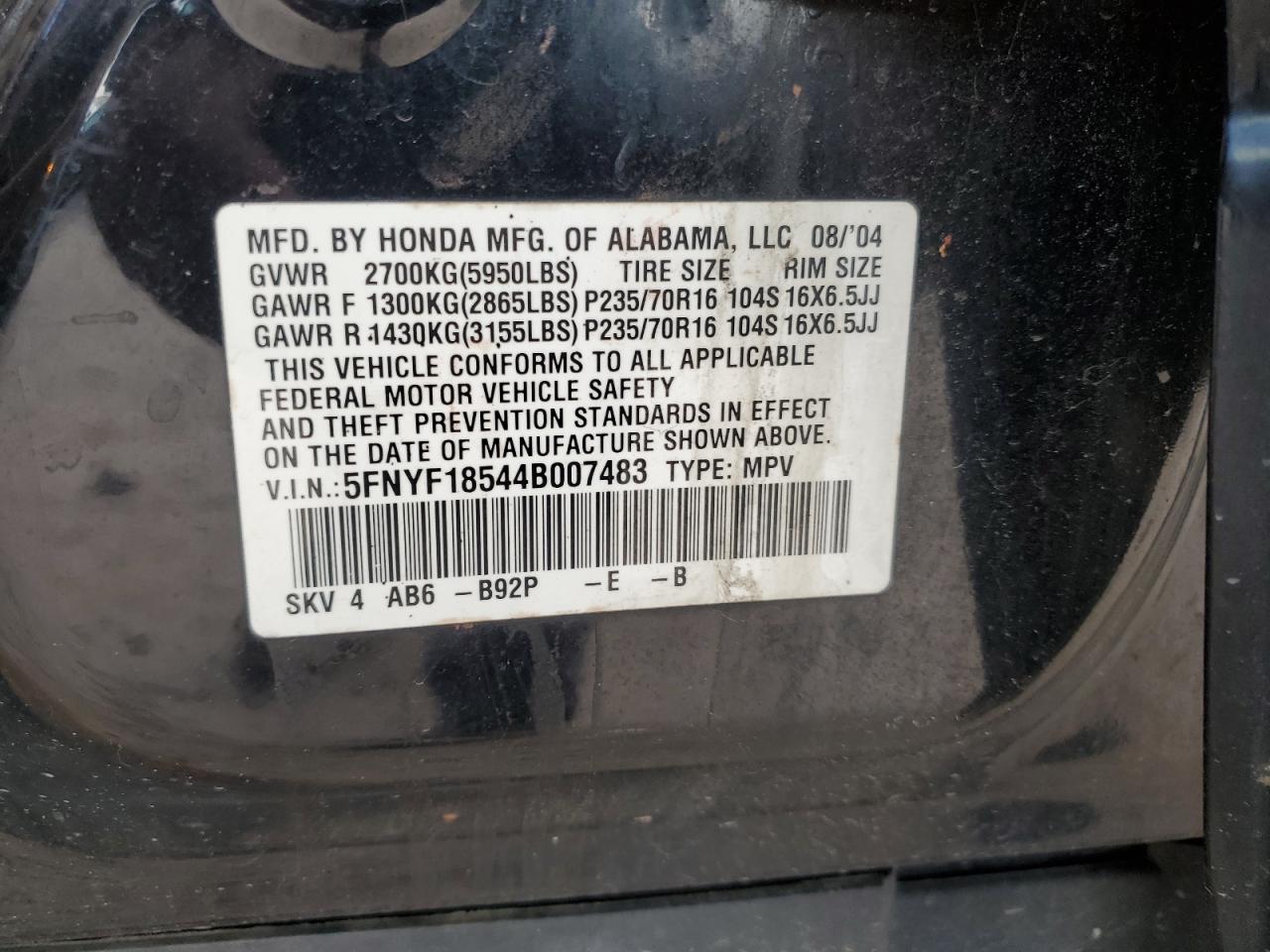 2004 Honda Pilot Exl VIN: 5FNYF18544B007483 Lot: 63630115