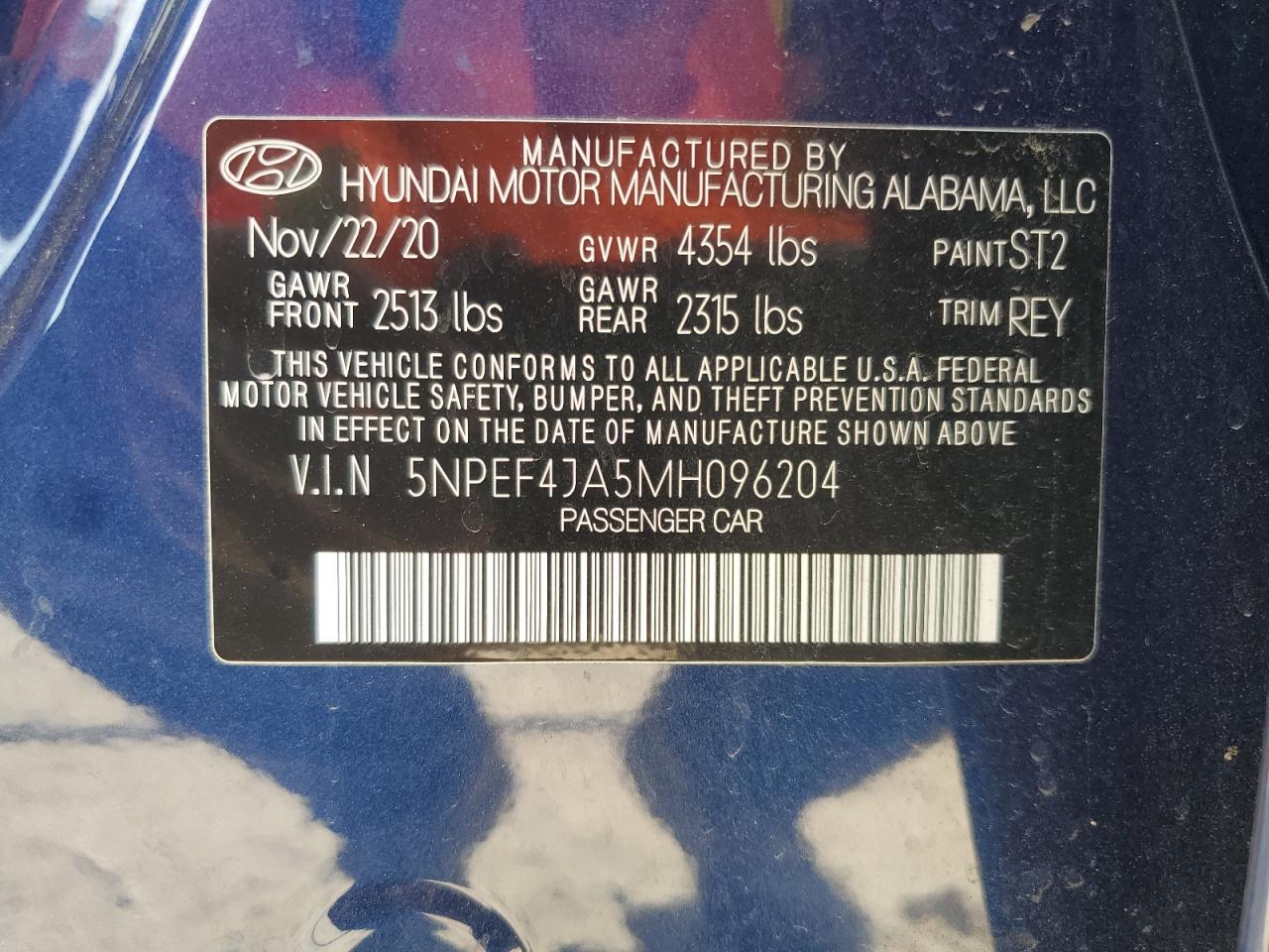 2021 Hyundai Sonata Sel VIN: 5NPEF4JA5MH096204 Lot: 65314495