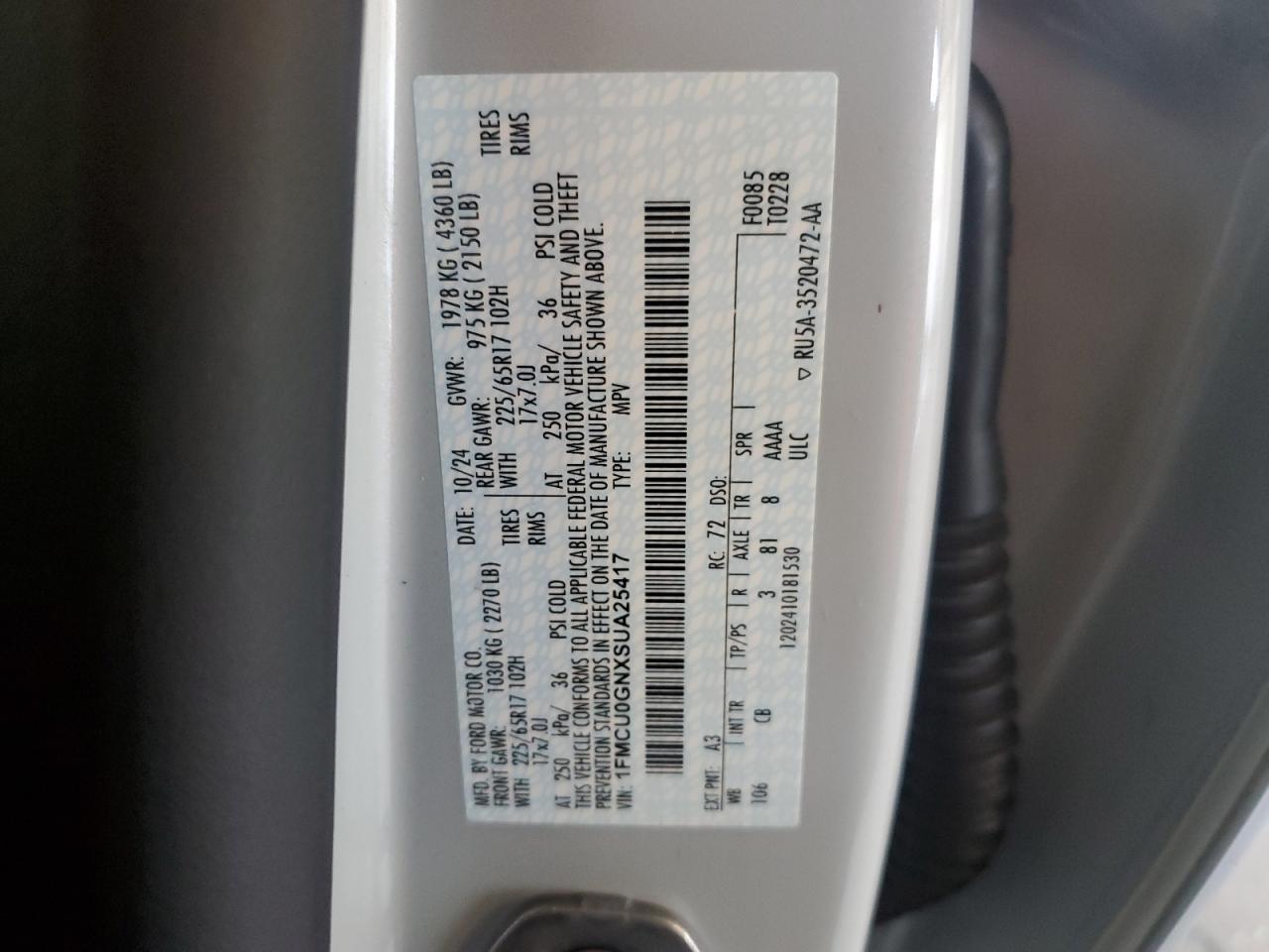 2025 Ford Escape Active VIN: 1FMCU0GNXSUA25417 Lot: 65543695