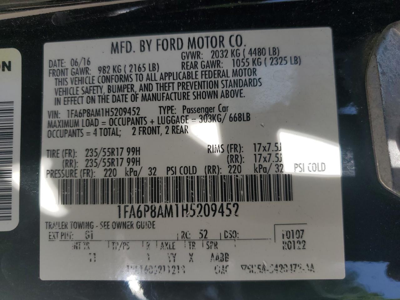 2017 Ford Mustang VIN: 1FA6P8AM1H5209452 Lot: 63865045