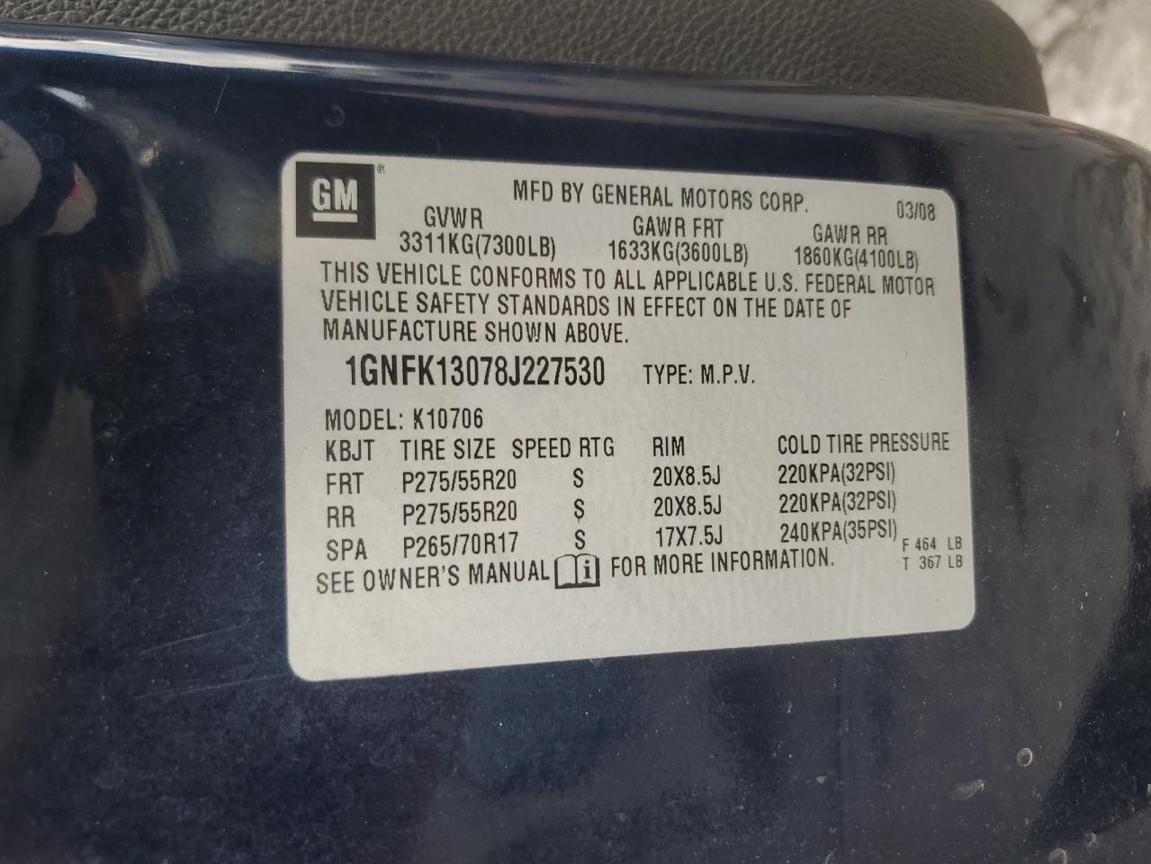 2008 Chevrolet Tahoe K1500 VIN: 1GNFK13078J227530 Lot: 64508615