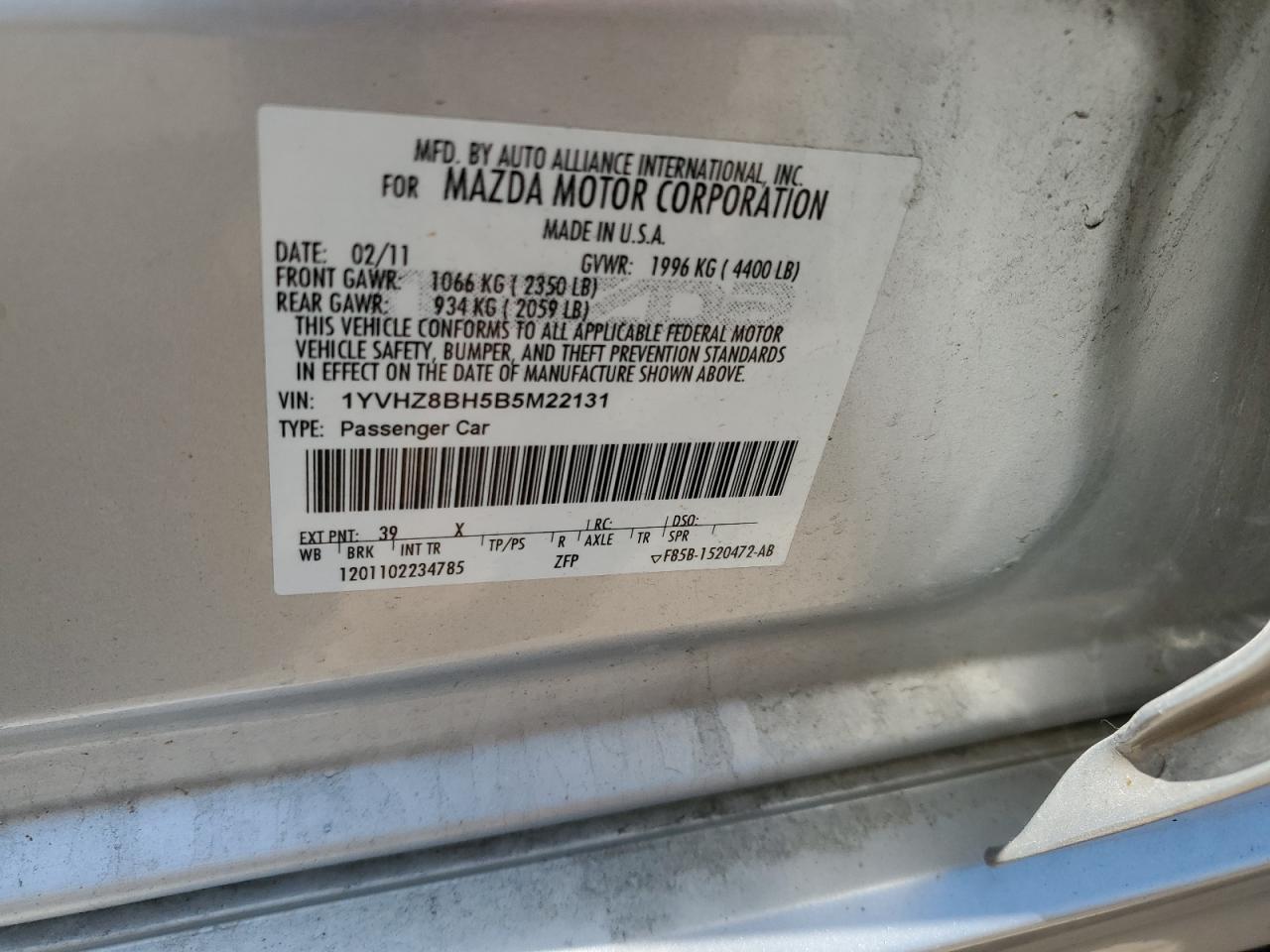 2011 Mazda 6 I VIN: 1YVHZ8BH5B5M22131 Lot: 62759365
