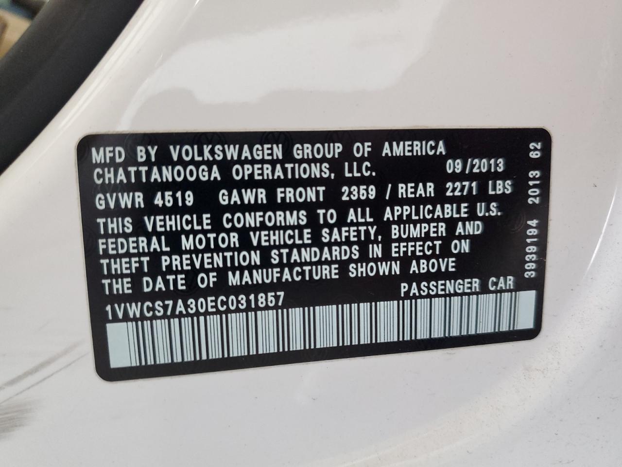 2014 Volkswagen Passat Sel VIN: 1VWCS7A30EC031857 Lot: 64561665