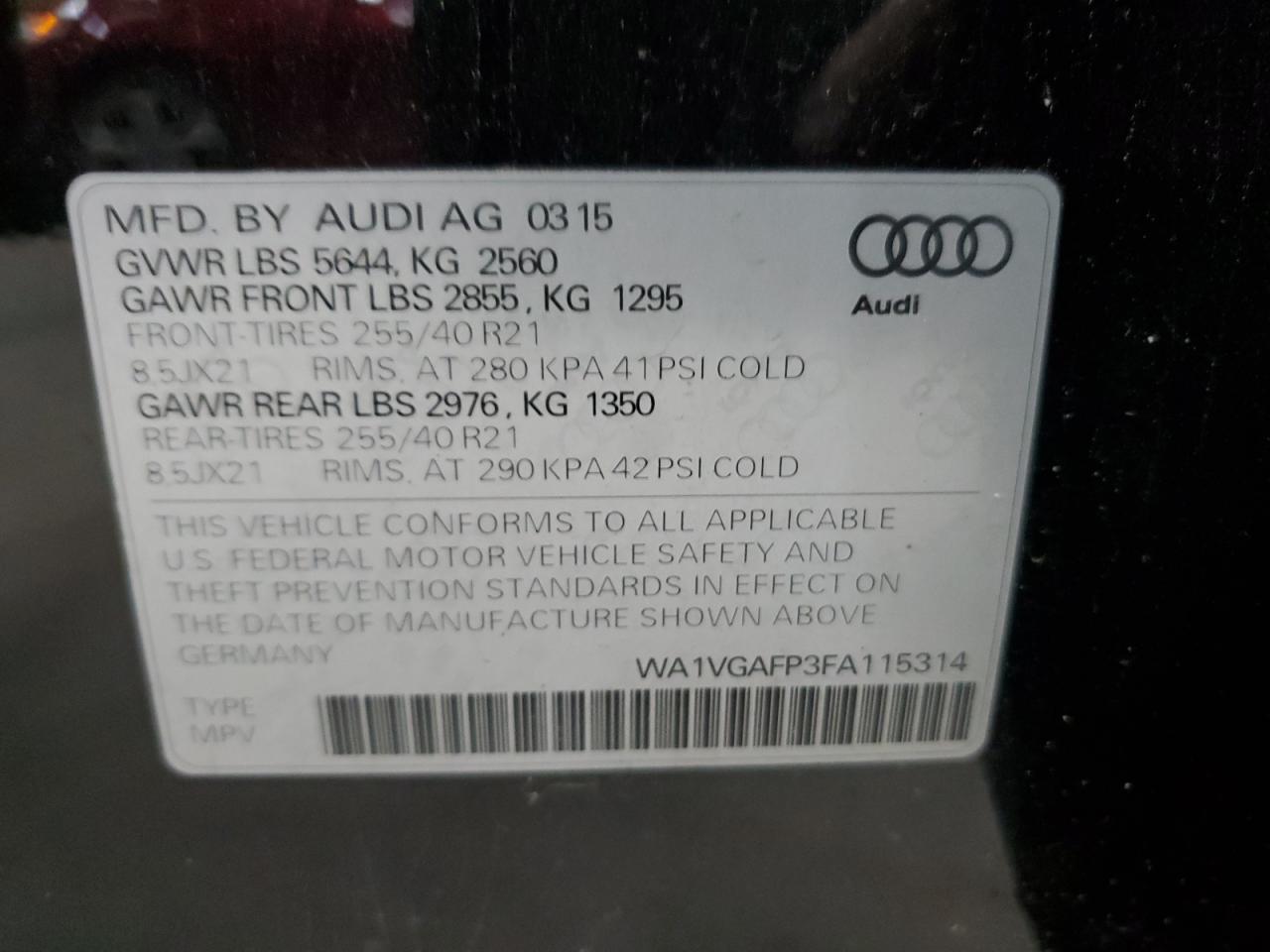 2015 Audi Sq5 Prestige VIN: WA1VGAFP3FA115314 Lot: 62822935