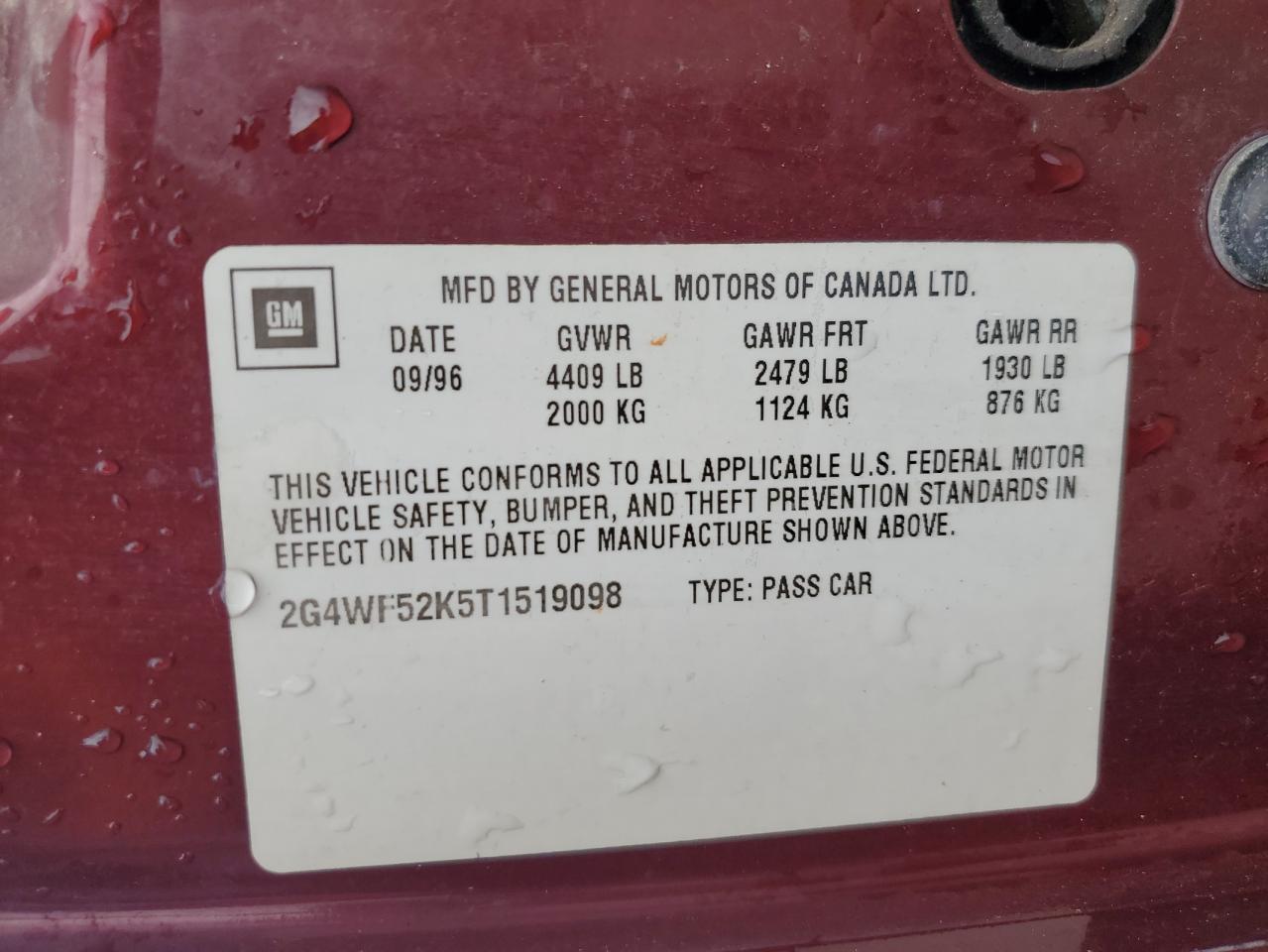 1996 Buick Regal Gran Sport VIN: 2G4WF52K5T1519098 Lot: 68254305