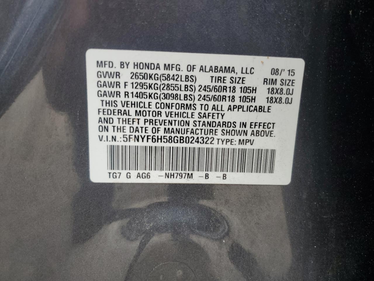 2016 Honda Pilot Exl VIN: 5FNYF6H58GB024322 Lot: 64452025