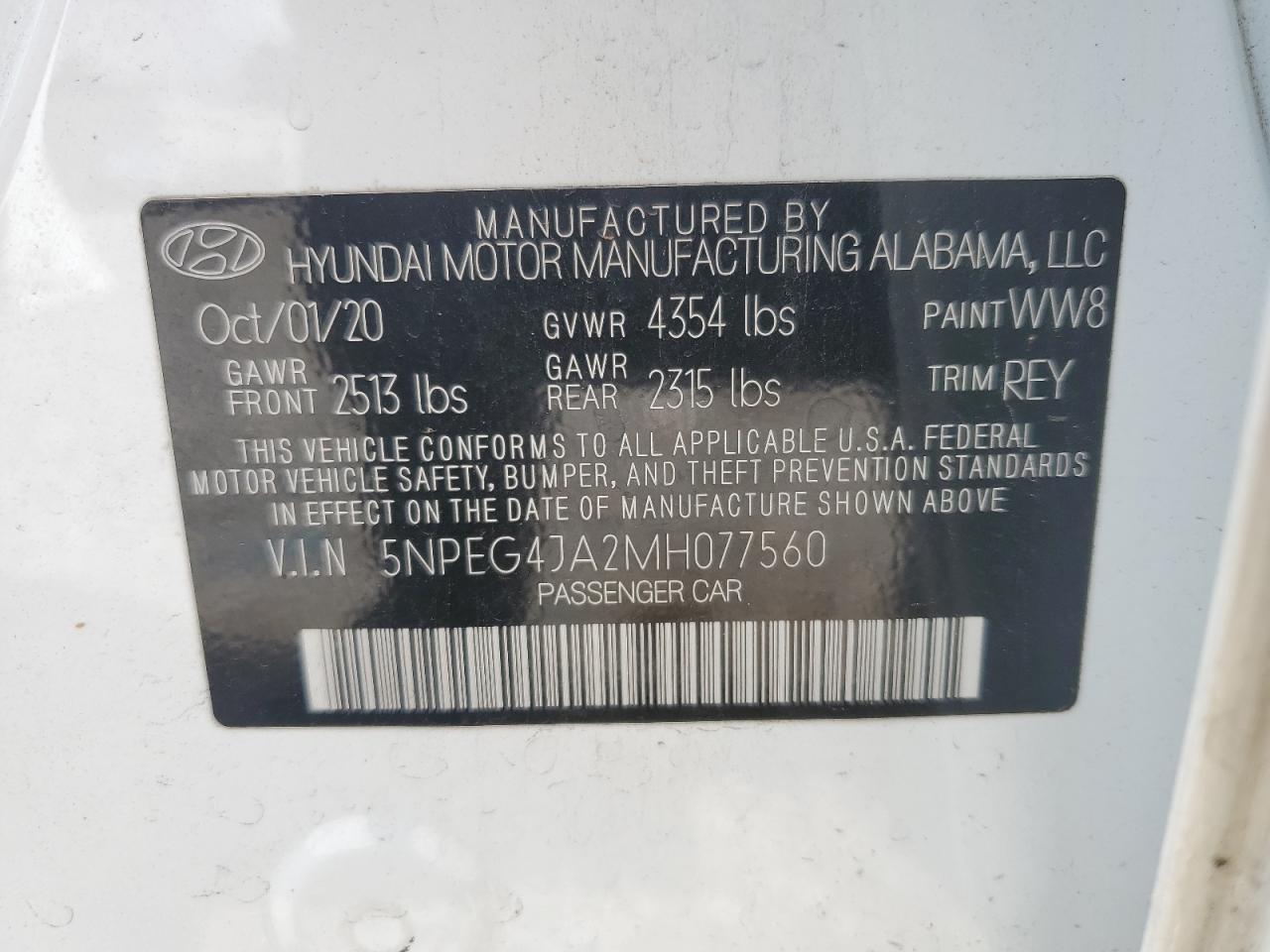 2021 Hyundai Sonata Se VIN: 5NPEG4JA2MH077560 Lot: 64849925