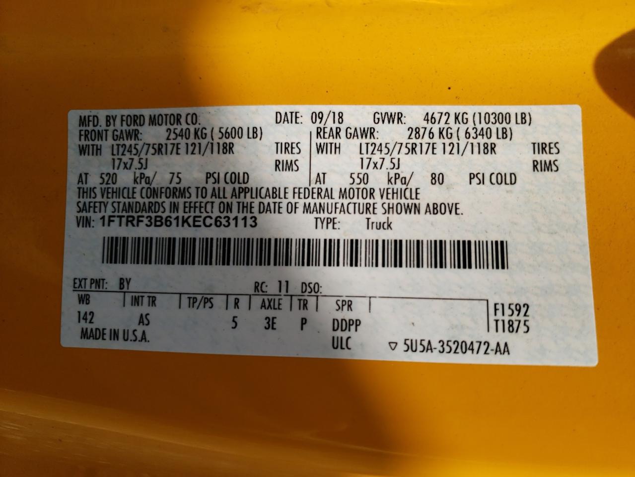 2019 Ford F350 Super Duty VIN: 1FTRF3B61KEC63113 Lot: 64567795