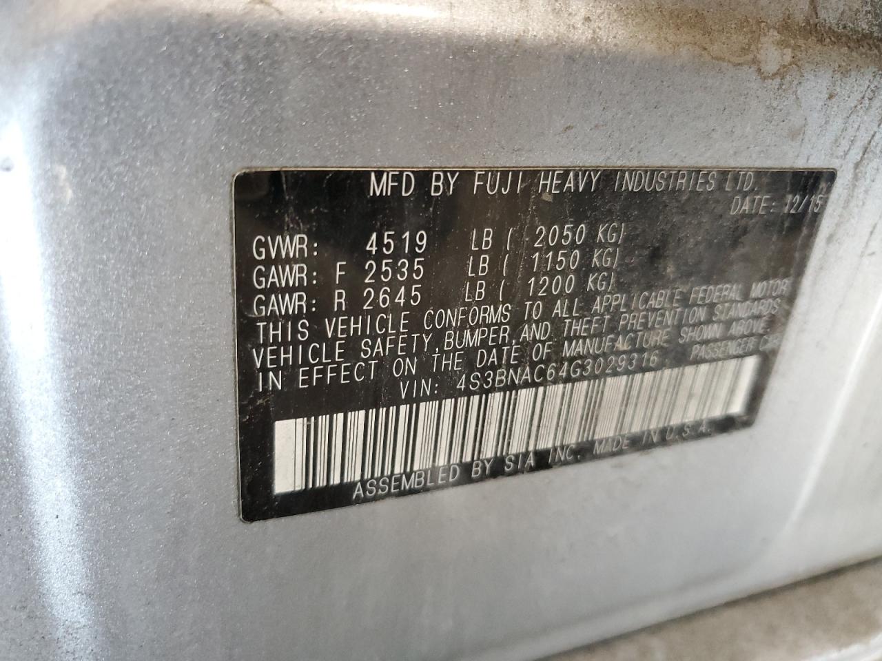 2016 Subaru Legacy 2.5I Premium VIN: 4S3BNAC64G3029316 Lot: 65990305