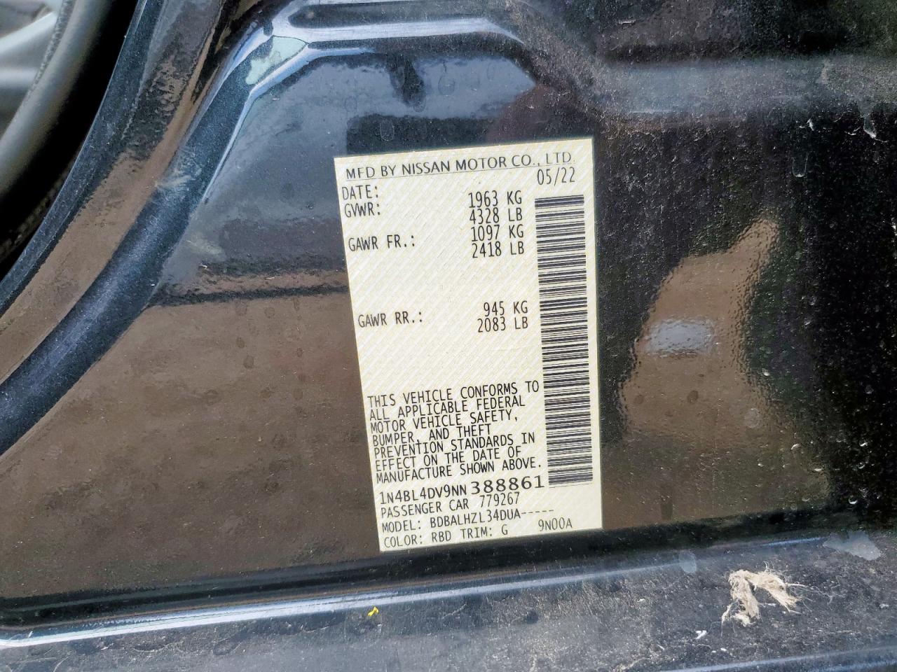 2022 Nissan Altima Sv VIN: 1N4BL4DV9NN388861 Lot: 63691365