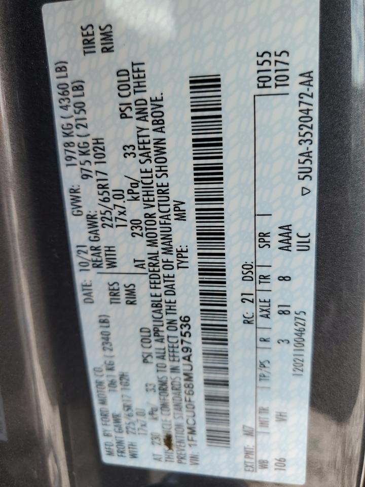 2021 Ford Escape S VIN: 1FMCU0F68MUA97536 Lot: 65180275