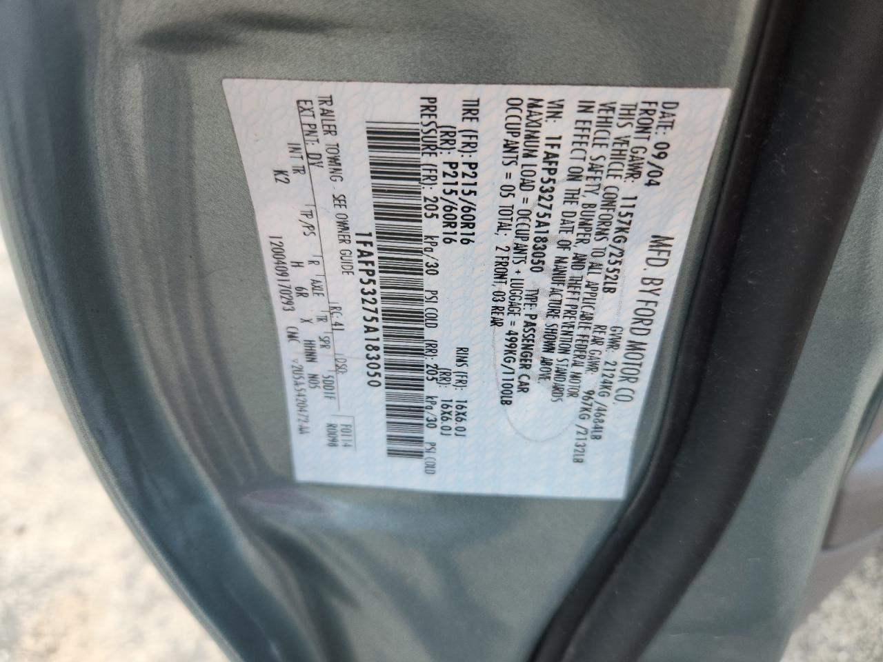 2005 Ford Taurus Se VIN: 1FAFP53275A183050 Lot: 63699065