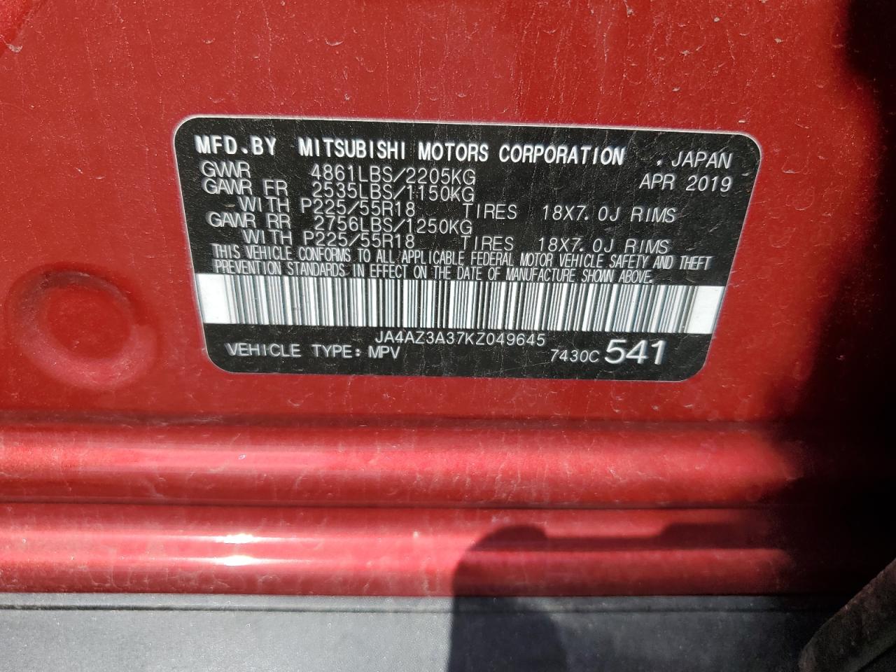 2019 Mitsubishi Outlander Se VIN: JA4AZ3A37KZ049645 Lot: 63294975