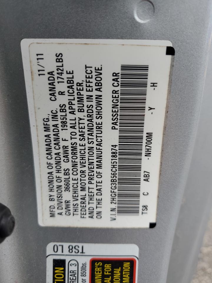 2012 Honda Civic Lx VIN: 2HGFG3B56CH518874 Lot: 65460315