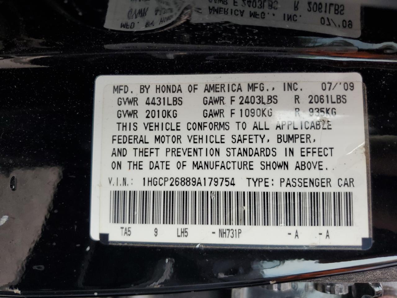 2009 Honda Accord Exl VIN: 1HGCP26889A179754 Lot: 66798945