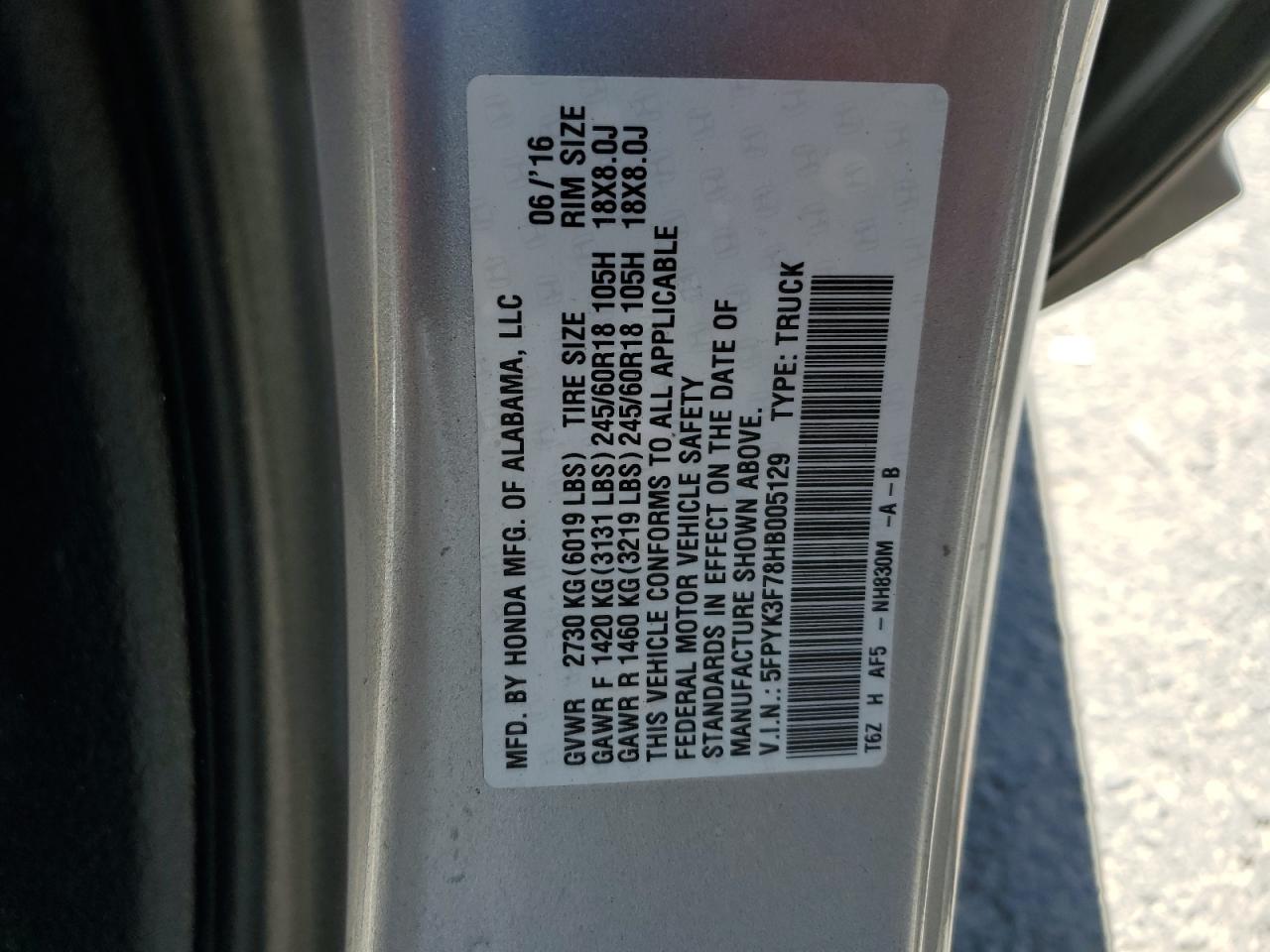 2017 Honda Ridgeline Rtl VIN: 5FPYK3F78HB005129 Lot: 64132195