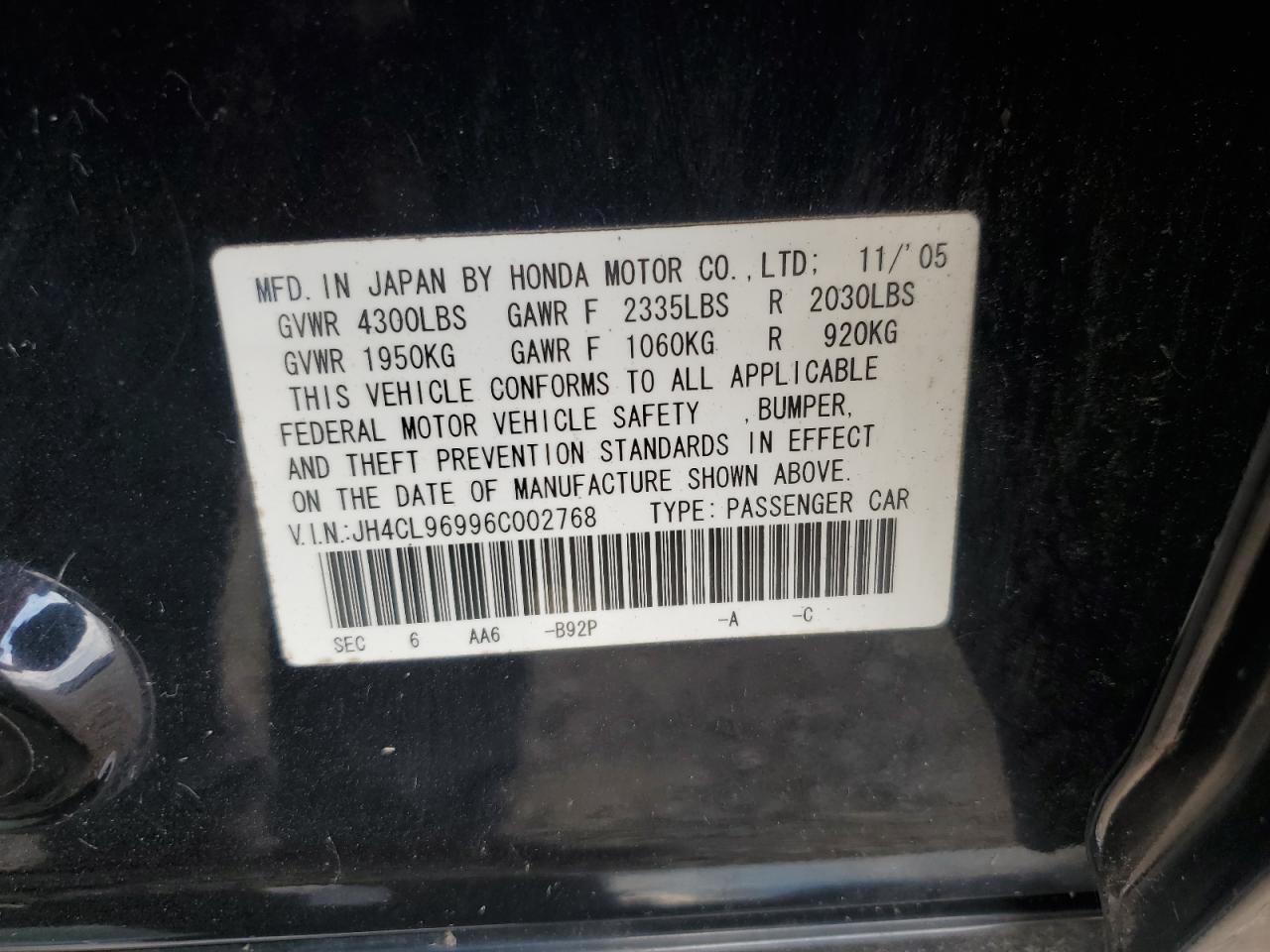 jh4cl96996c002768 JH4CL96996C002768 2006 Acura Tsx