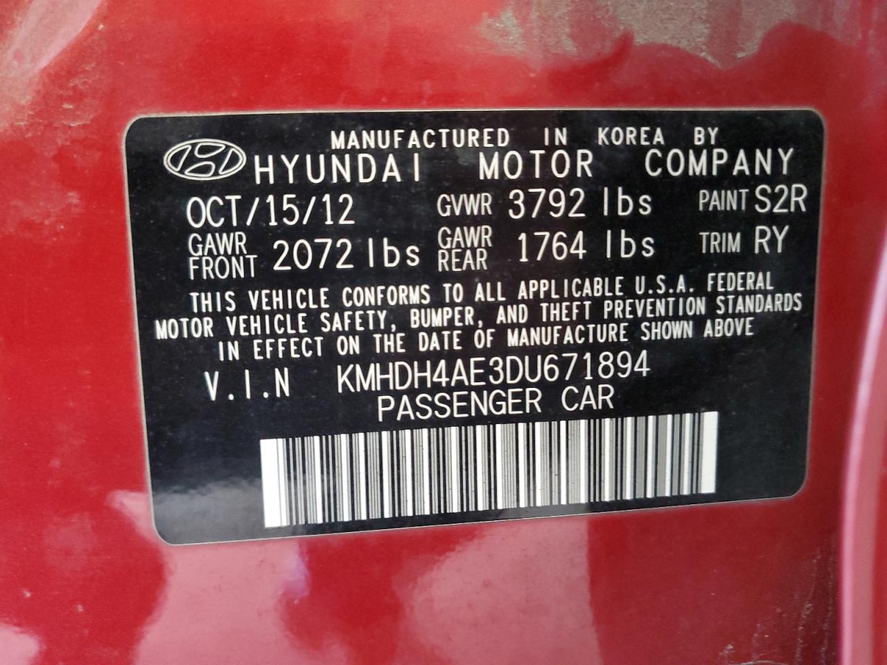 2013 Hyundai Elantra Gls VIN: KMHDH4AE3DU671894 Lot: 65049925