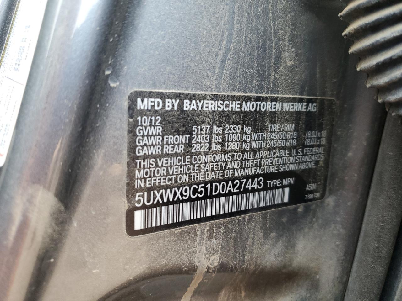 2013 BMW X3 xDrive28I VIN: 5UXWX9C51D0A27443 Lot: 65078025