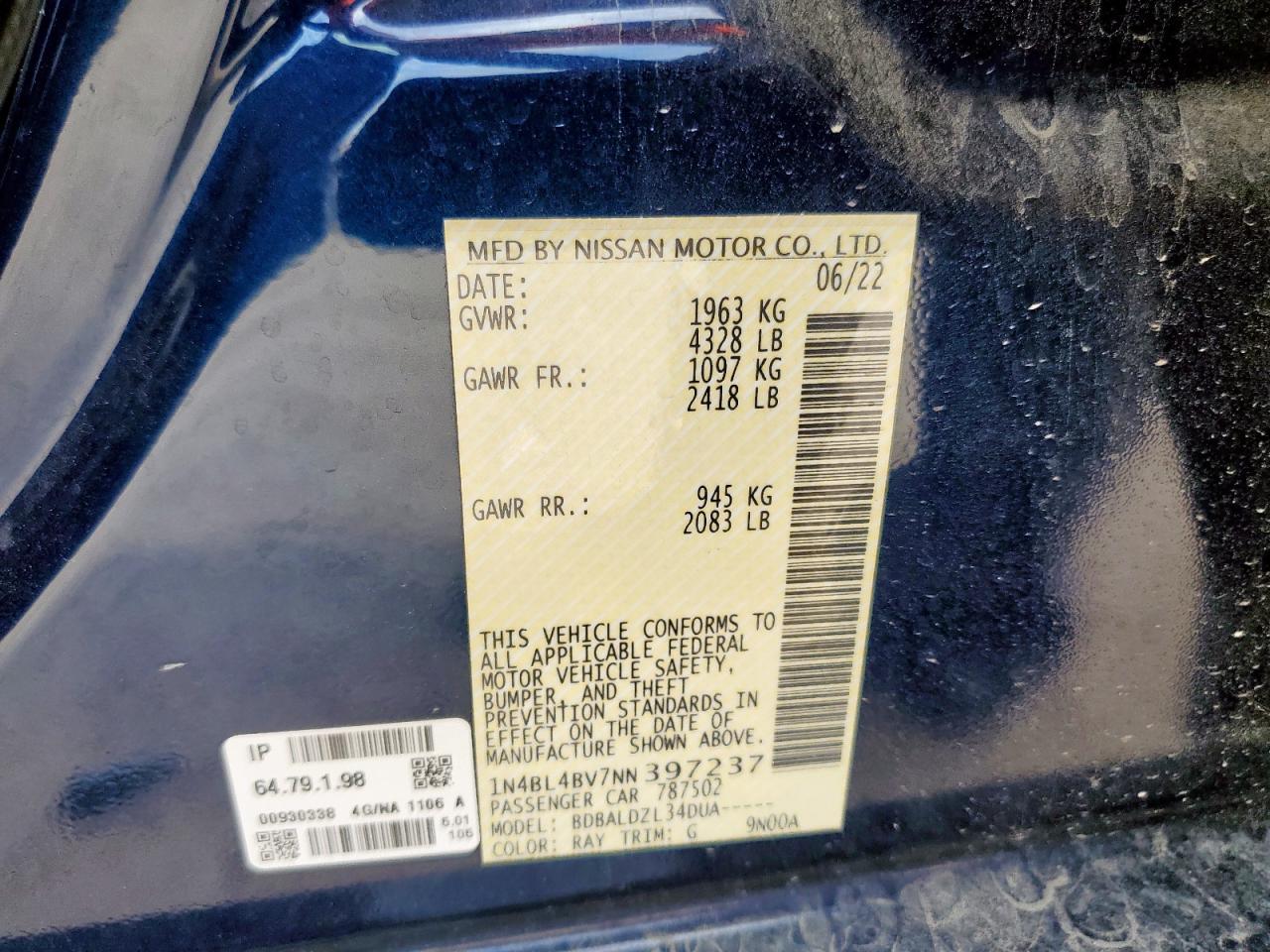 2022 Nissan Altima S VIN: 1N4BL4BV7NN397237 Lot: 64943195