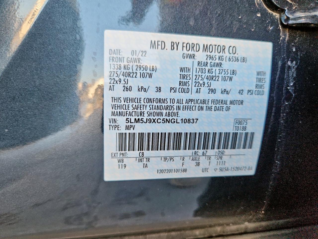 2022 Lincoln Aviator Black Label VIN: 5LM5J9XC5NGL10837 Lot: 63852335