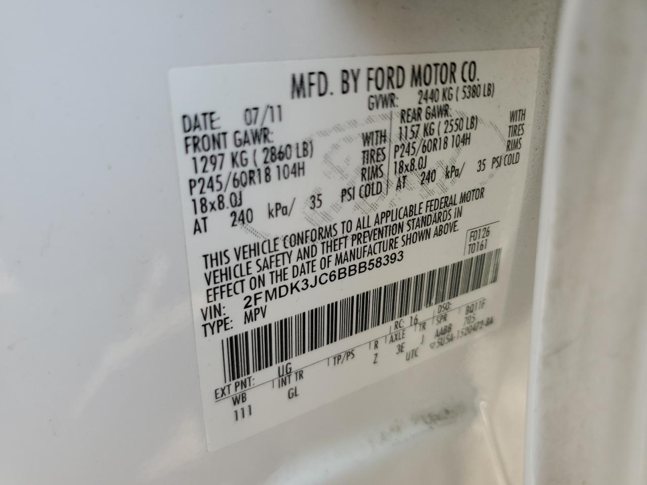 2011 Ford Edge Sel VIN: 2FMDK3JC6BBB58393 Lot: 66115965