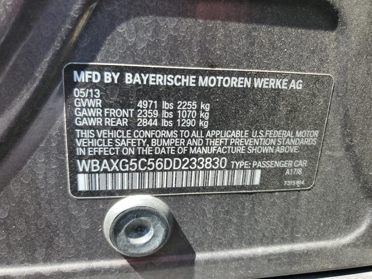 2013 BMW 528 I VIN: WBAXG5C56DD233830 Lot: 63763865