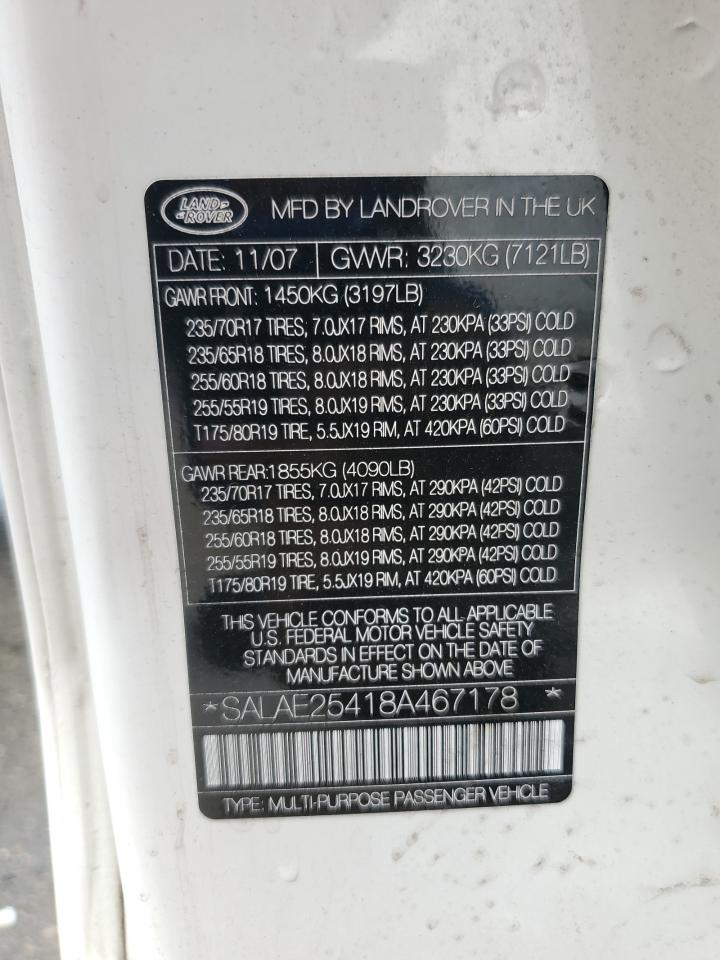 2008 Land Rover Lr3 Se VIN: SALAE25418A467178 Lot: 66878735
