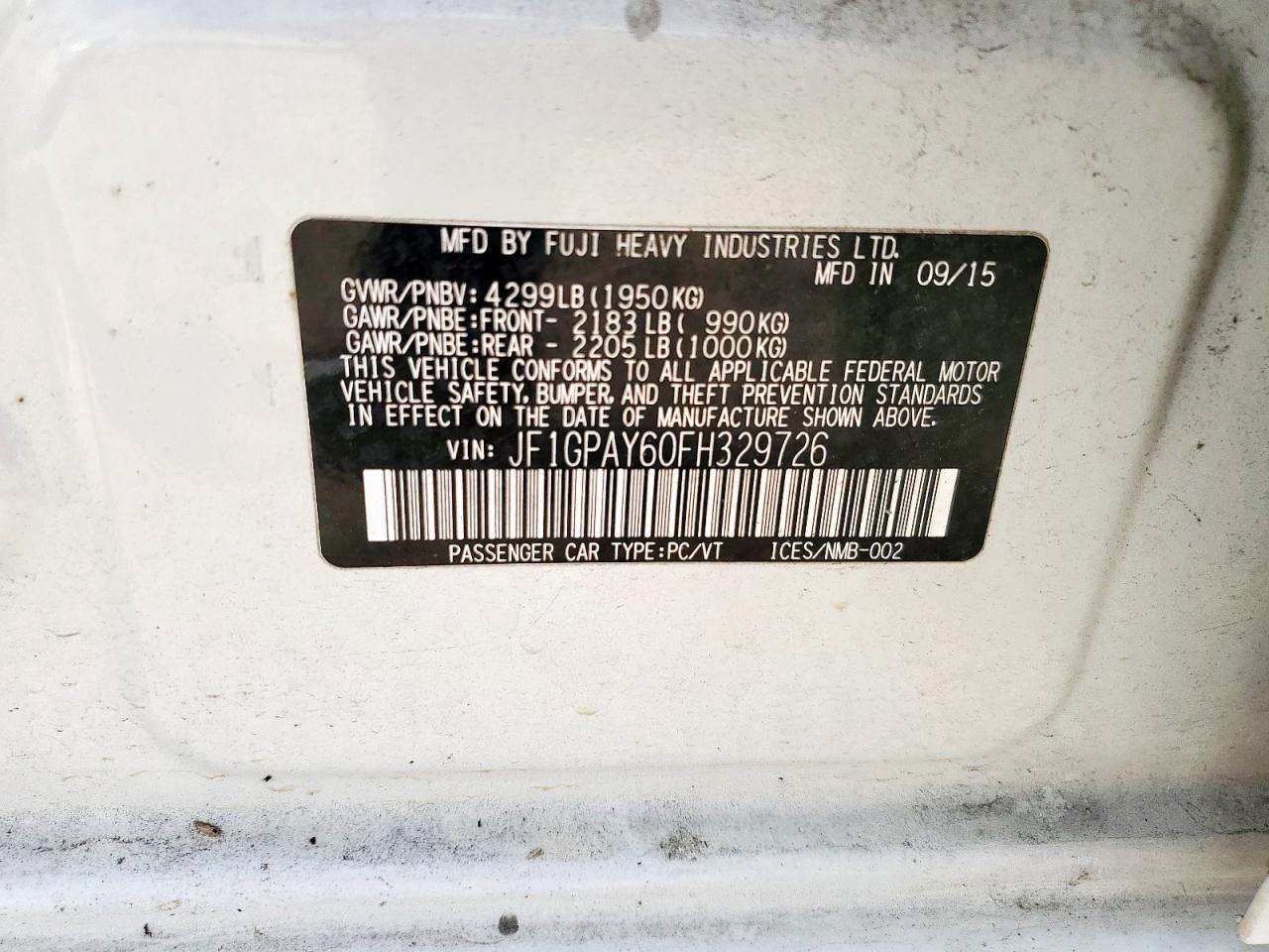 2015 Subaru Impreza Sport VIN: JF1GPAY60FH329726 Lot: 63677065