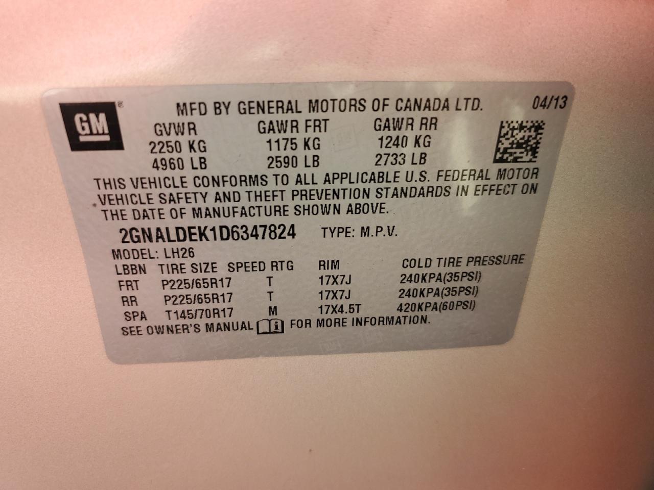 2013 Chevrolet Equinox Lt VIN: 2GNALDEK1D6347824 Lot: 65414305