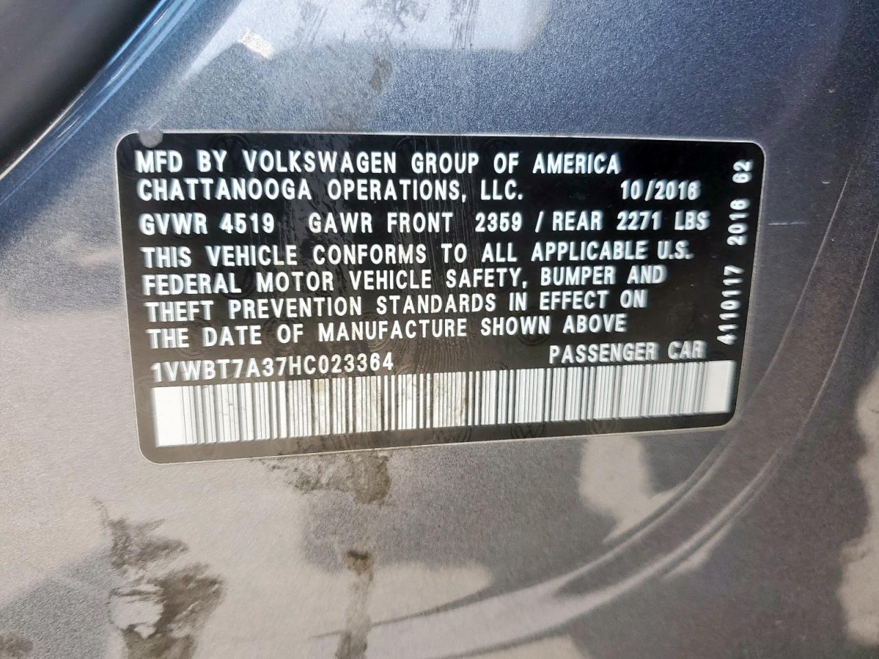 2017 Volkswagen Passat Se VIN: 1VWBT7A37HC023364 Lot: 64329905
