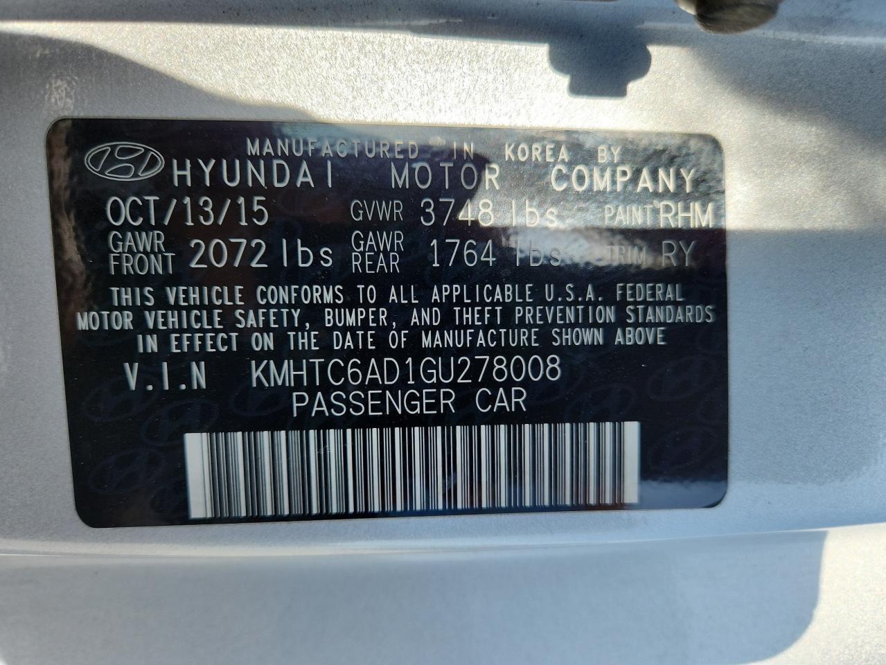 2016 Hyundai Veloster VIN: KMHTC6AD1GU278008 Lot: 64127655
