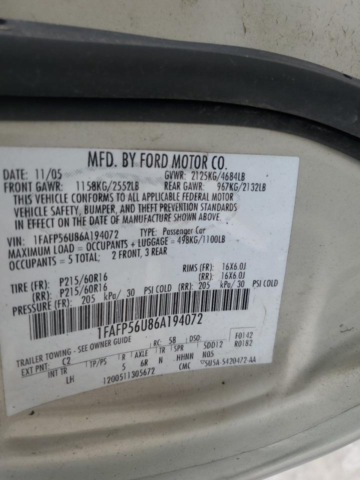 2006 Ford Taurus Sel VIN: 1FAFP56U86A194072 Lot: 63779615