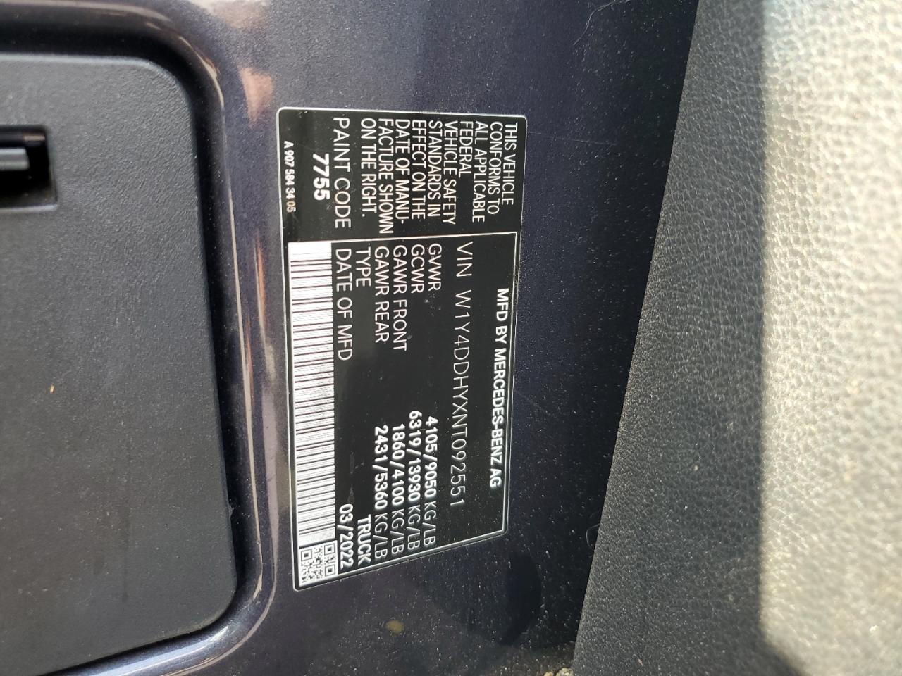 2022 Mercedes-Benz Sprinter 2500 VIN: W1Y4DDHYXNT092551 Lot: 63219985