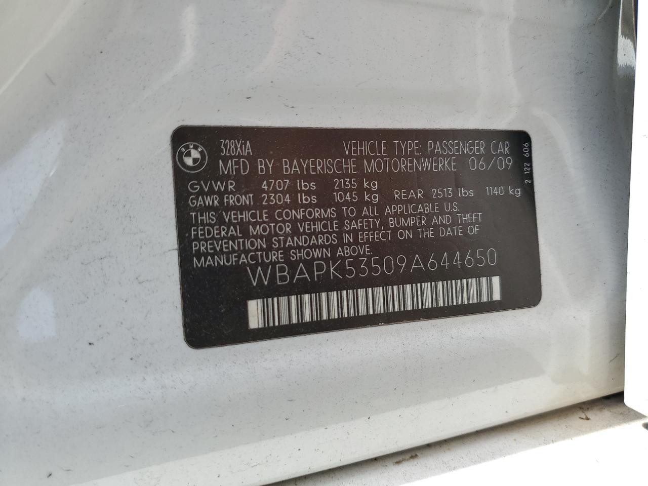 2009 BMW 328 Xi Sulev VIN: WBAPK53509A644650 Lot: 62646405