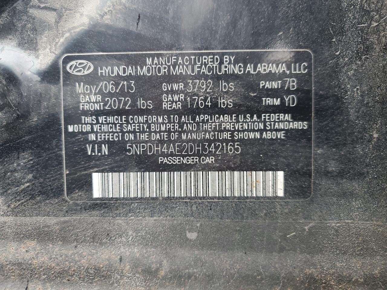 2013 Hyundai Elantra Gls VIN: 5NPDH4AE2DH342165 Lot: 64642645