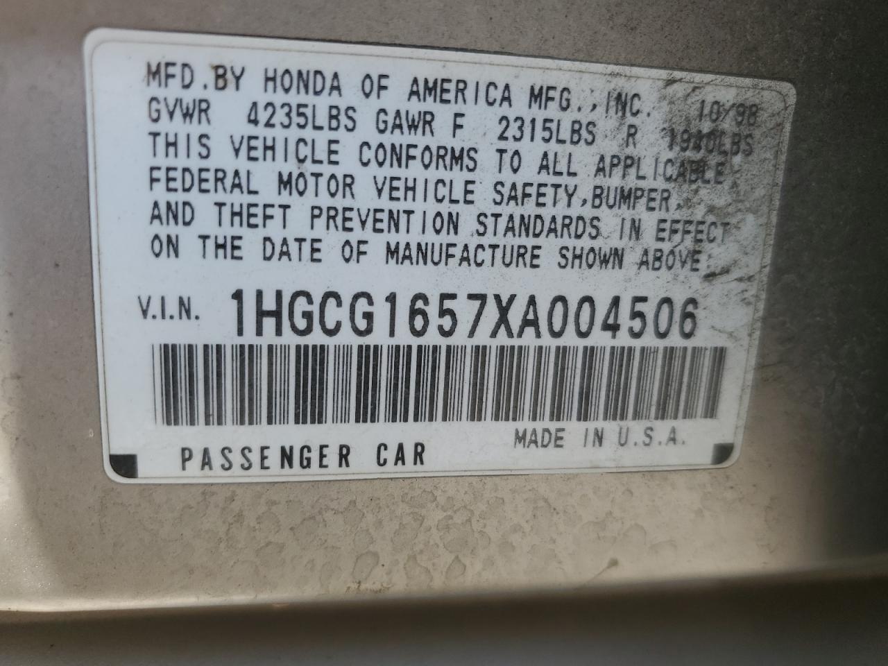 1999 Honda Accord Ex VIN: 1HGCG1657XA004506 Lot: 63065205