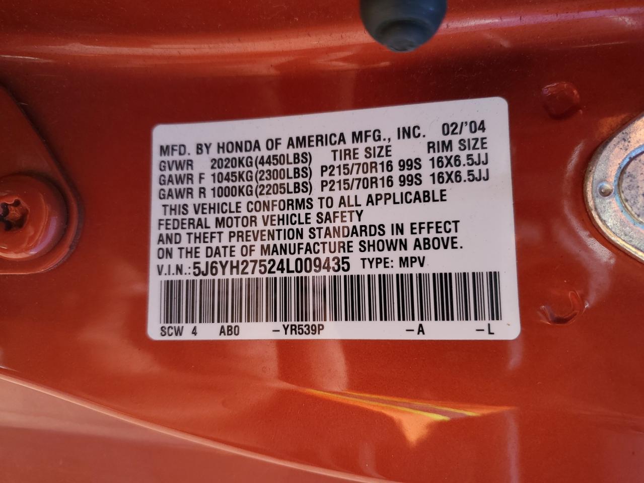 2004 Honda Element Ex VIN: 5J6YH27524L009435 Lot: 63338195