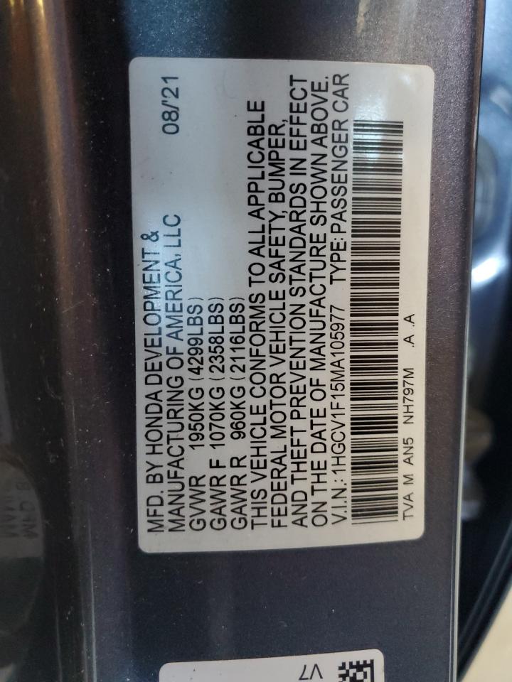 2021 Honda Accord Lx VIN: 1HGCV1F15MA105977 Lot: 65454135