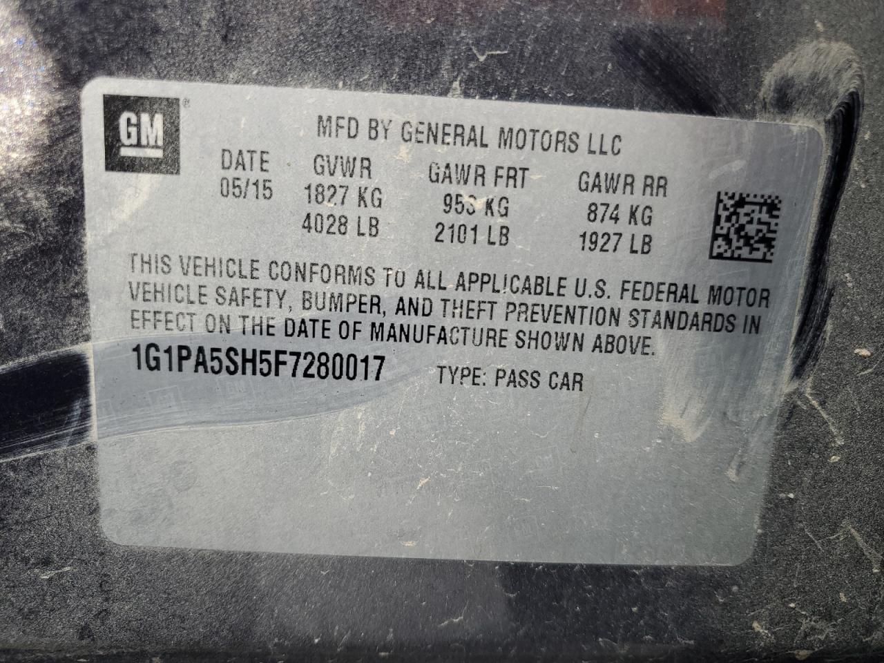 2015 Chevrolet Cruze Ls VIN: 1G1PA5SH5F7280017 Lot: 64864355