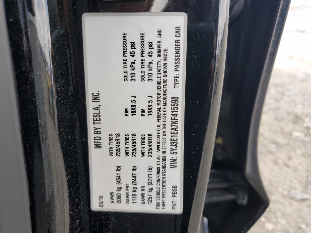 2019 Tesla Model 3 VIN: 5YJ3E1EA7KF415598 Lot: 64494405