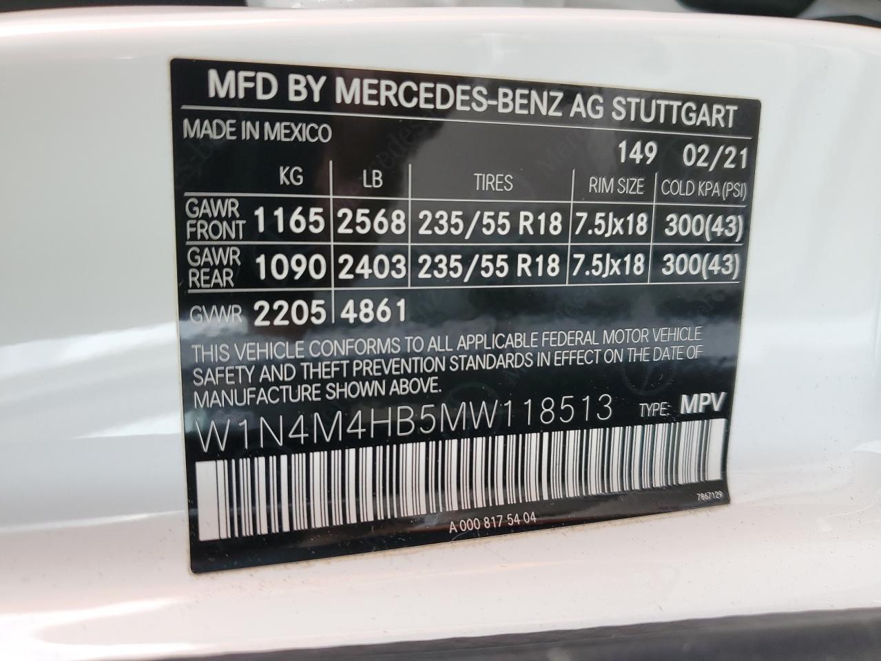 2021 Mercedes-Benz Glb 250 4Matic VIN: W1N4M4HB5MW118513 Lot: 65448505