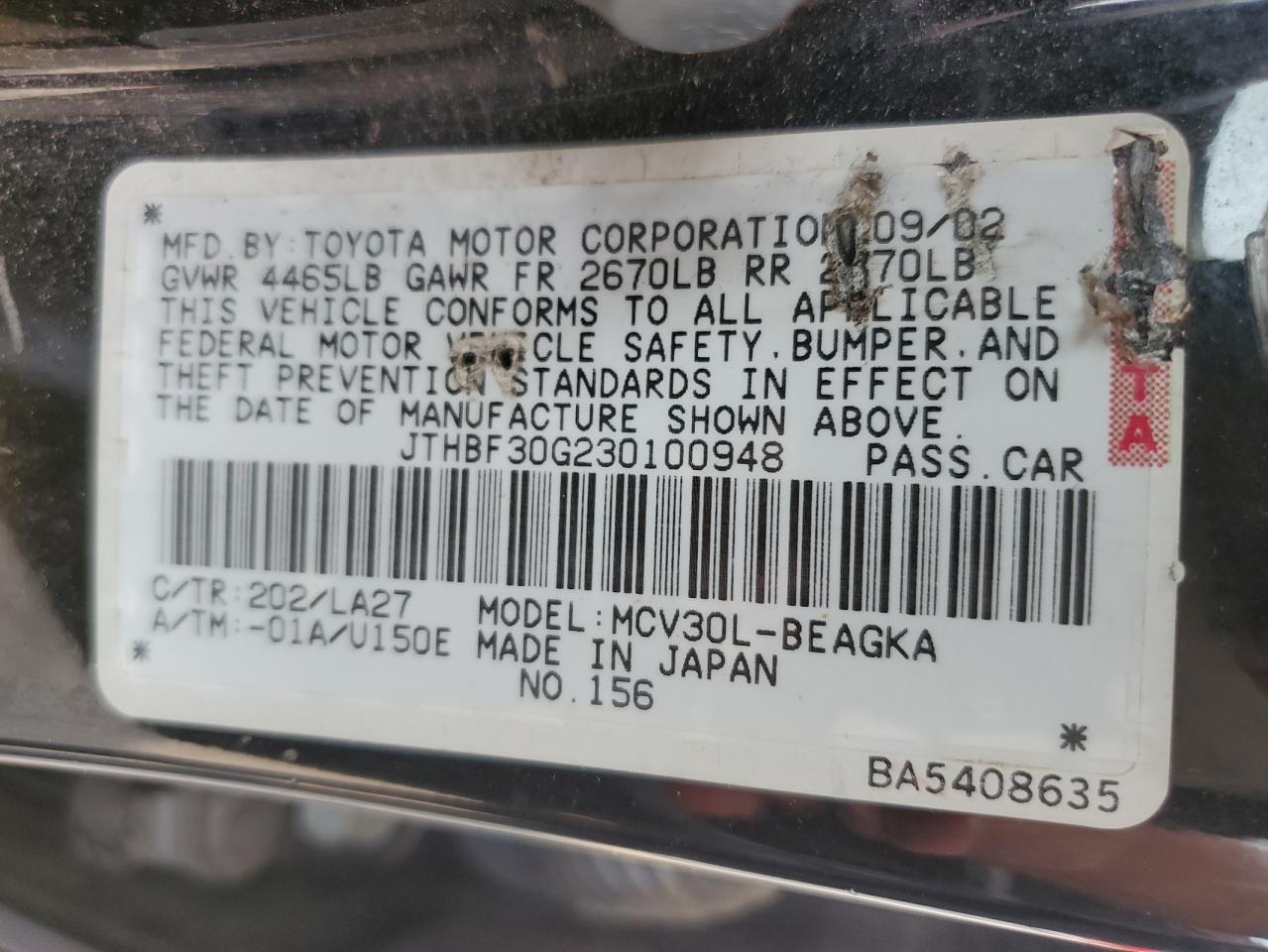 2003 Lexus Es 300 VIN: JTHBF30G230100948 Lot: 72099955