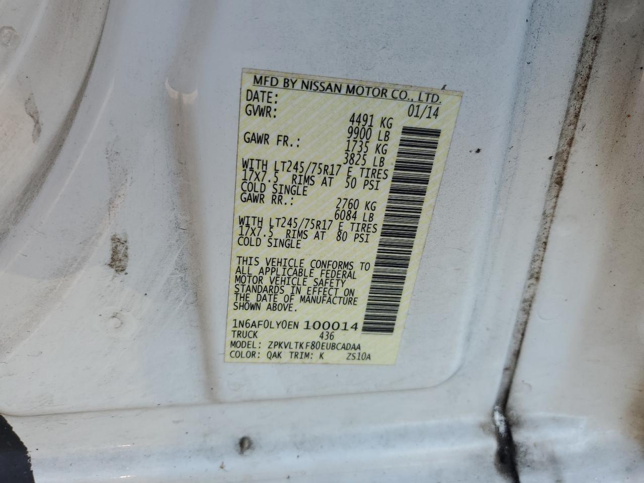 1n6af0ly0en100014 1N6AF0LY0EN100014 2014 Nissan Nv 2500