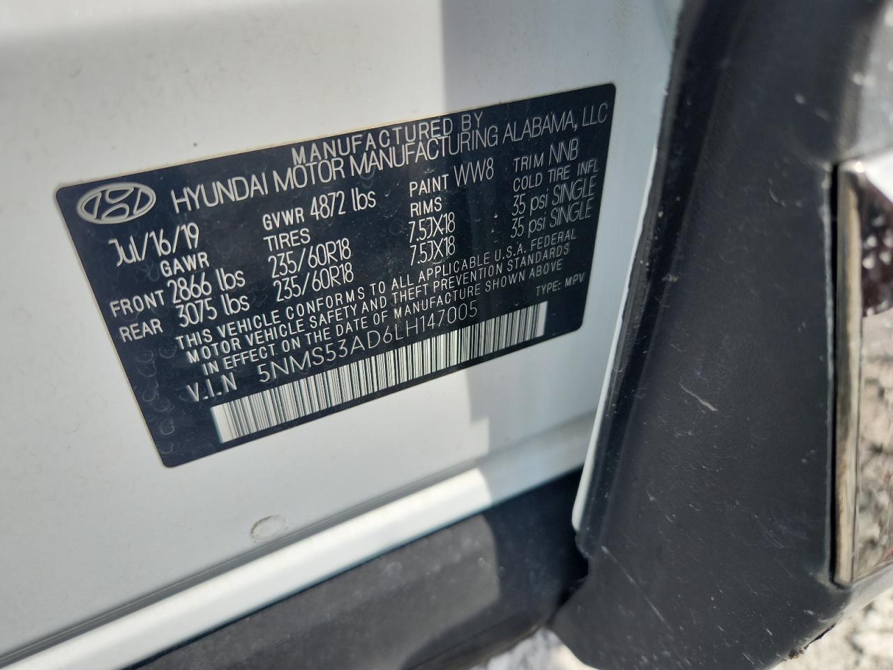 2020 Hyundai Santa Fe Limited VIN: 5NMS53AD6LH147005 Lot: 63312915