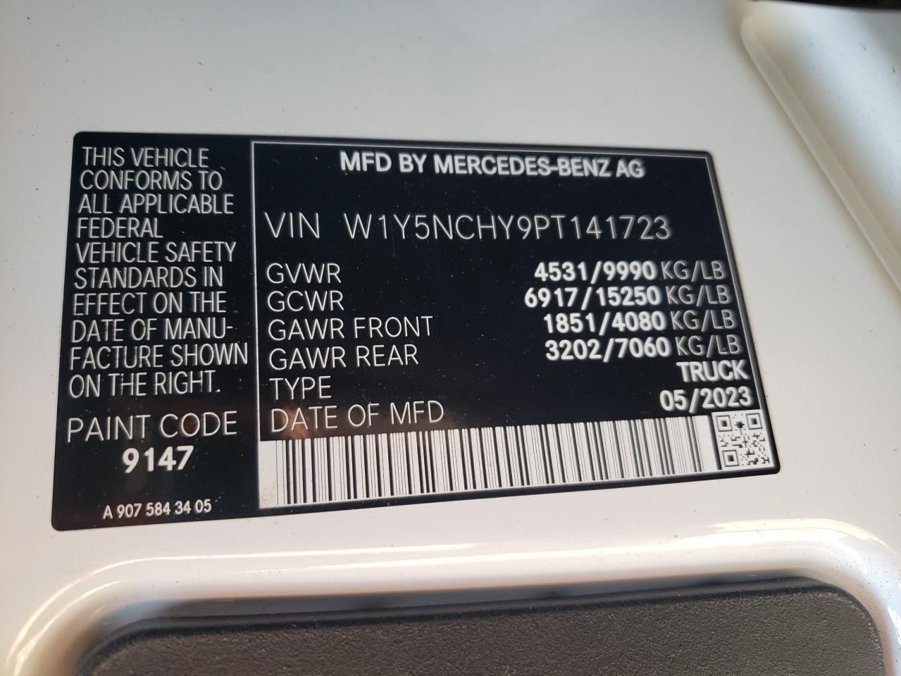 2023 Mercedes-Benz Sprinter 3500 VIN: W1Y5NCHY9PT141723 Lot: 65380285