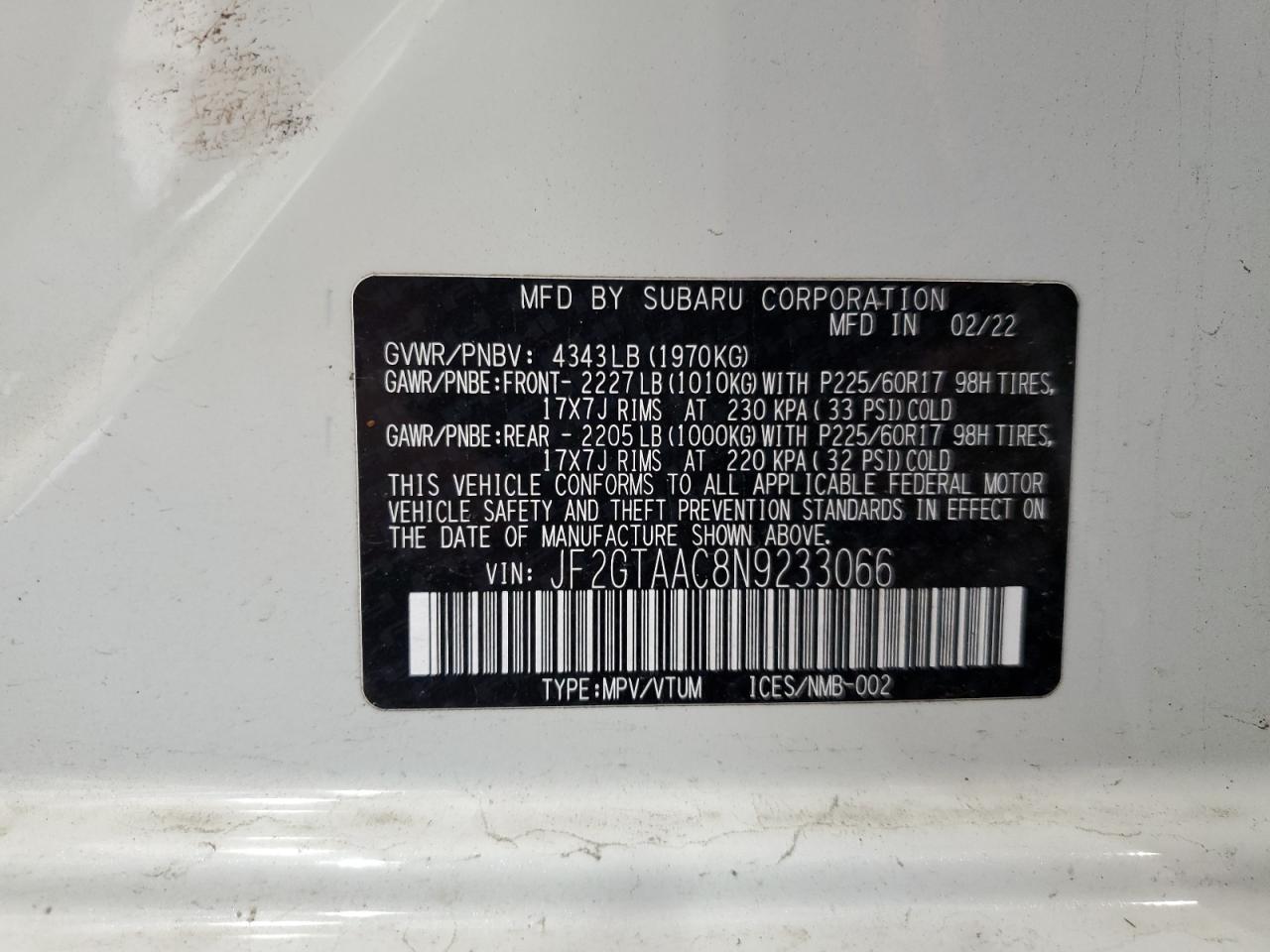2022 Subaru Crosstrek VIN: JF2GTAAC8N9233066 Lot: 63141355