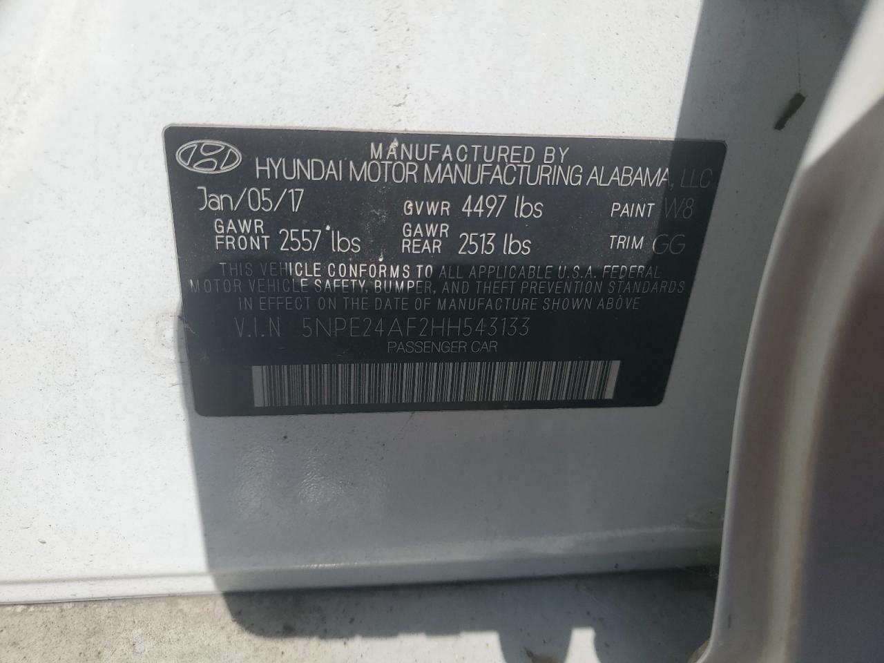 2017 Hyundai Sonata Se VIN: 5NPE24AF2HH543133 Lot: 64713725